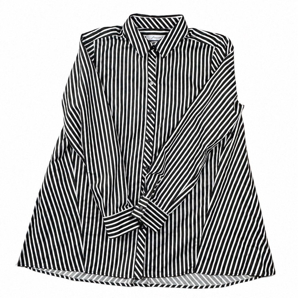 Foxcroft NYC Size 10 Non Iron Shirt Black White Striped Button Front Blouse - Picture 4 of 10